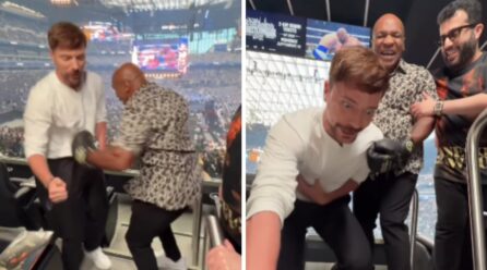 MrBeast es derribado tras recibir fuerte golpe de Mike Tyson durante pelea del Canelo Álvarez